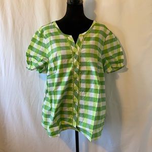 Denim & Co. Short Sleeve V-neck Plaid Woven Shirt, Summer Green, 2X